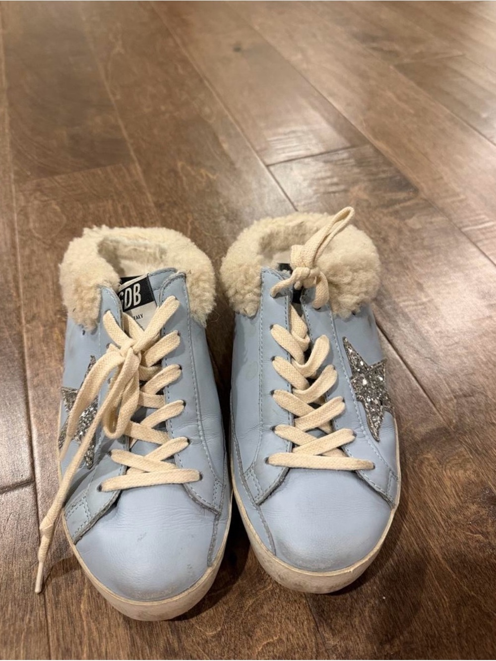 Golden Goose Light Blue Sherpa-Trim Sneakers with Silver Glitter Star